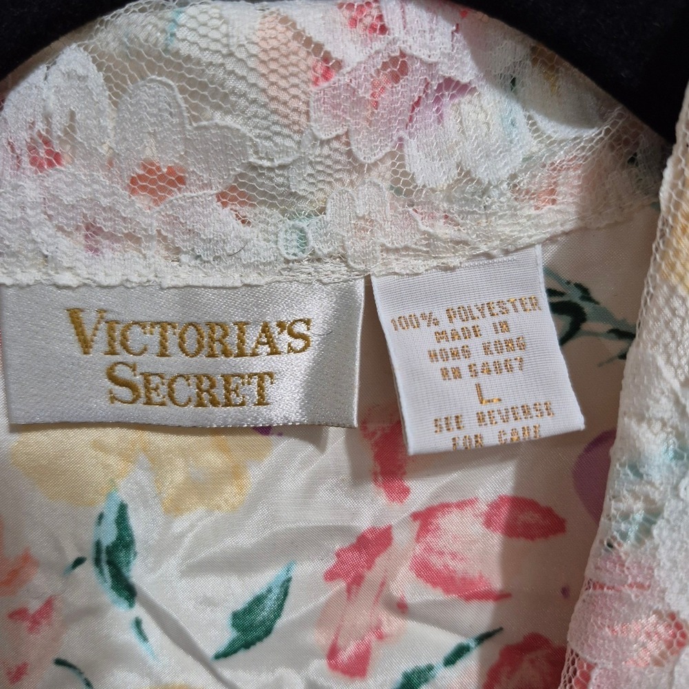 Vtg Victorias Secret Floral Pajama Set Top Pants Long Sleeve Lace Trim L - Picture 3 of 14